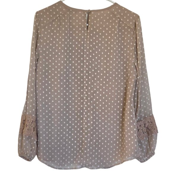Isaac Mizrahi Women's Long Sleeve Blouse Size 8 Taupe Peasant Polka Dot Lace - Picture 2 of 9
